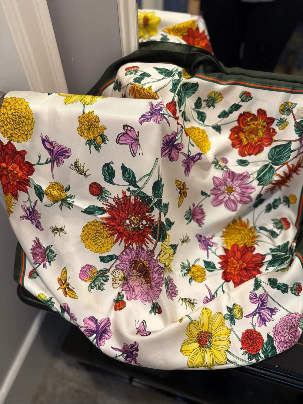 Gucci White Floral Silk Scarf with Green Border